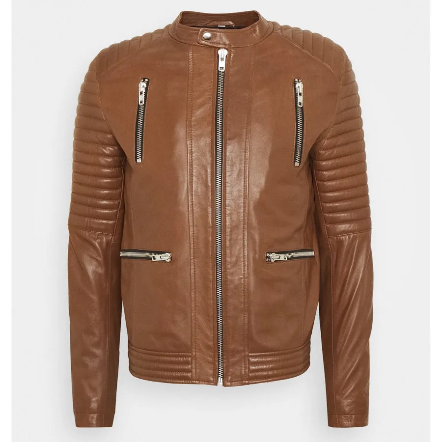 Mens Tan Brown Leather Biker Jacket