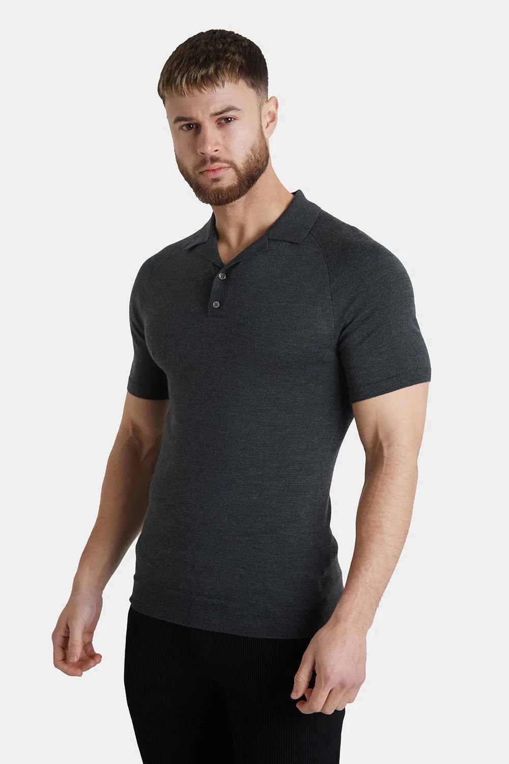 Merino Open Collar Knitted Polo in Forest Marl