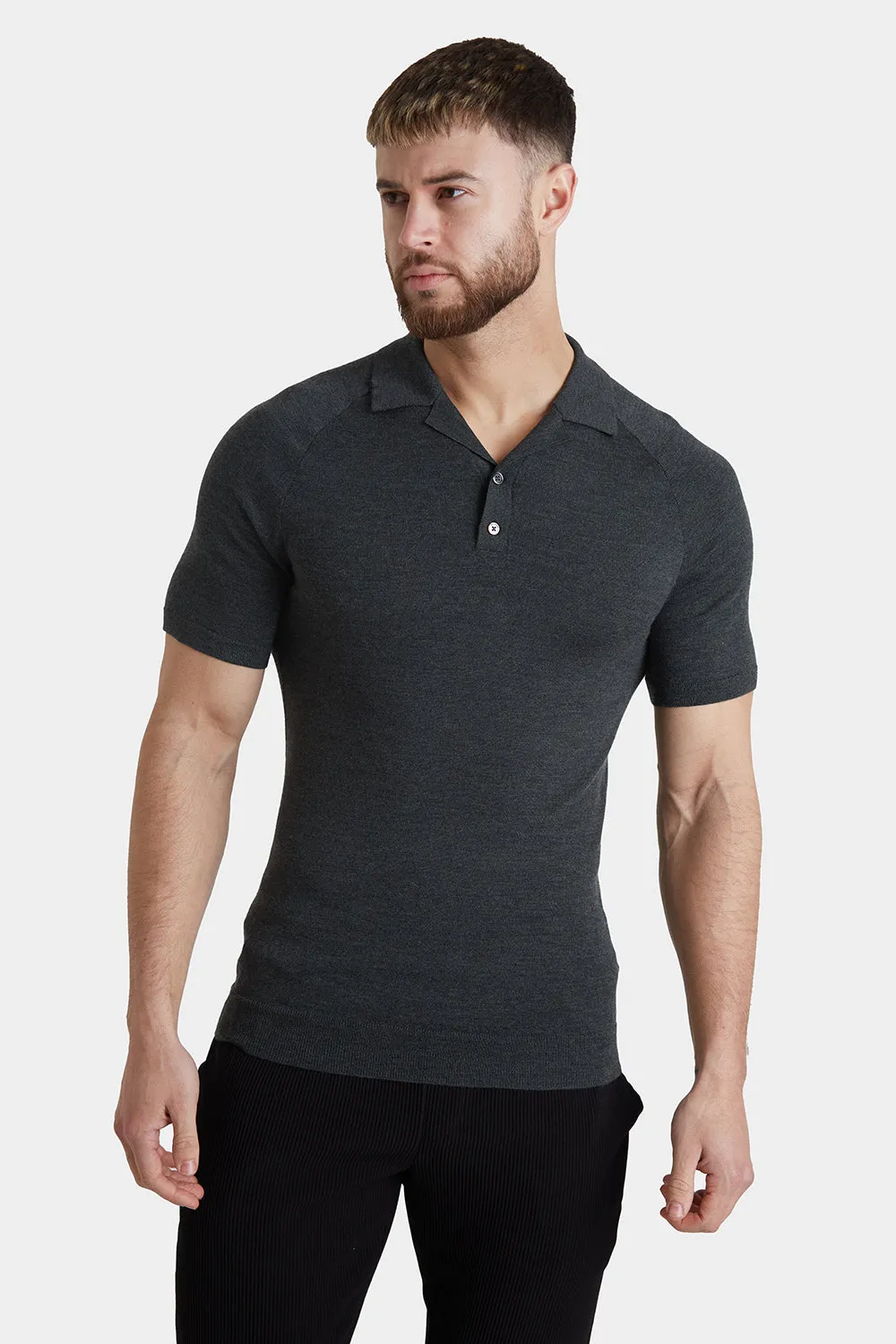 Merino Open Collar Knitted Polo in Forest Marl