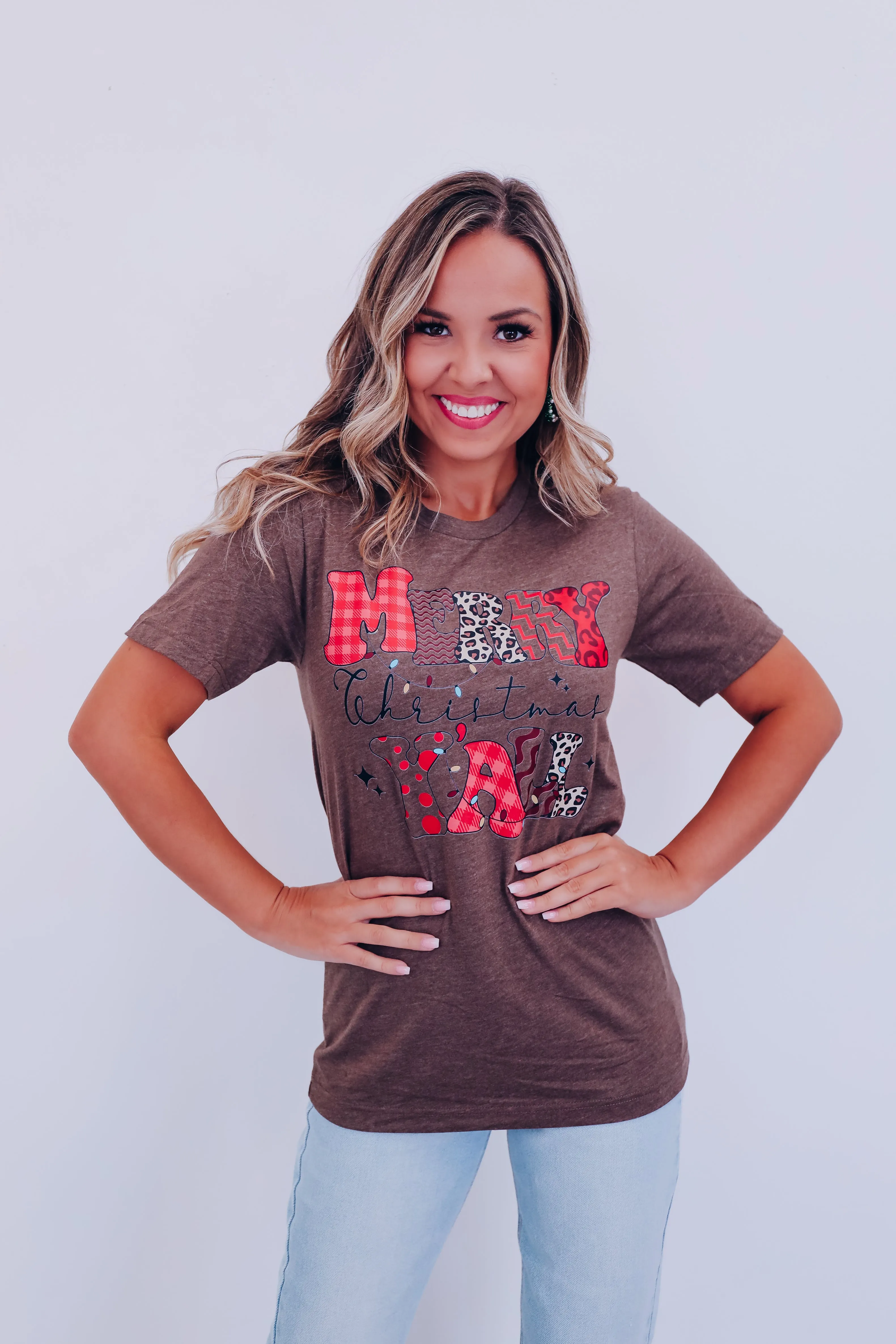 Merry Christmas Y'all Graphic Tee - Brown