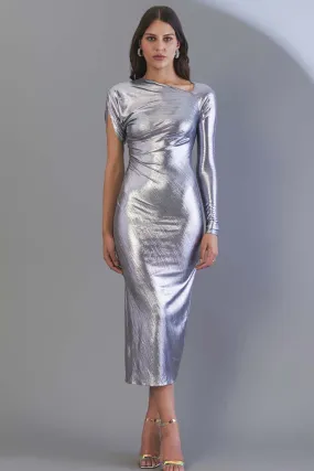 Metallic Asymmetric Sleeve Dress