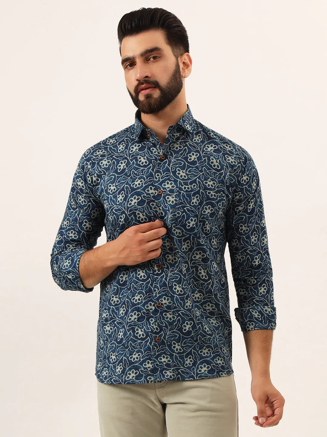 MILLENNIAL MEN Blue Floral Print Pure Cotton Regular Fit Casual Full Sleeve