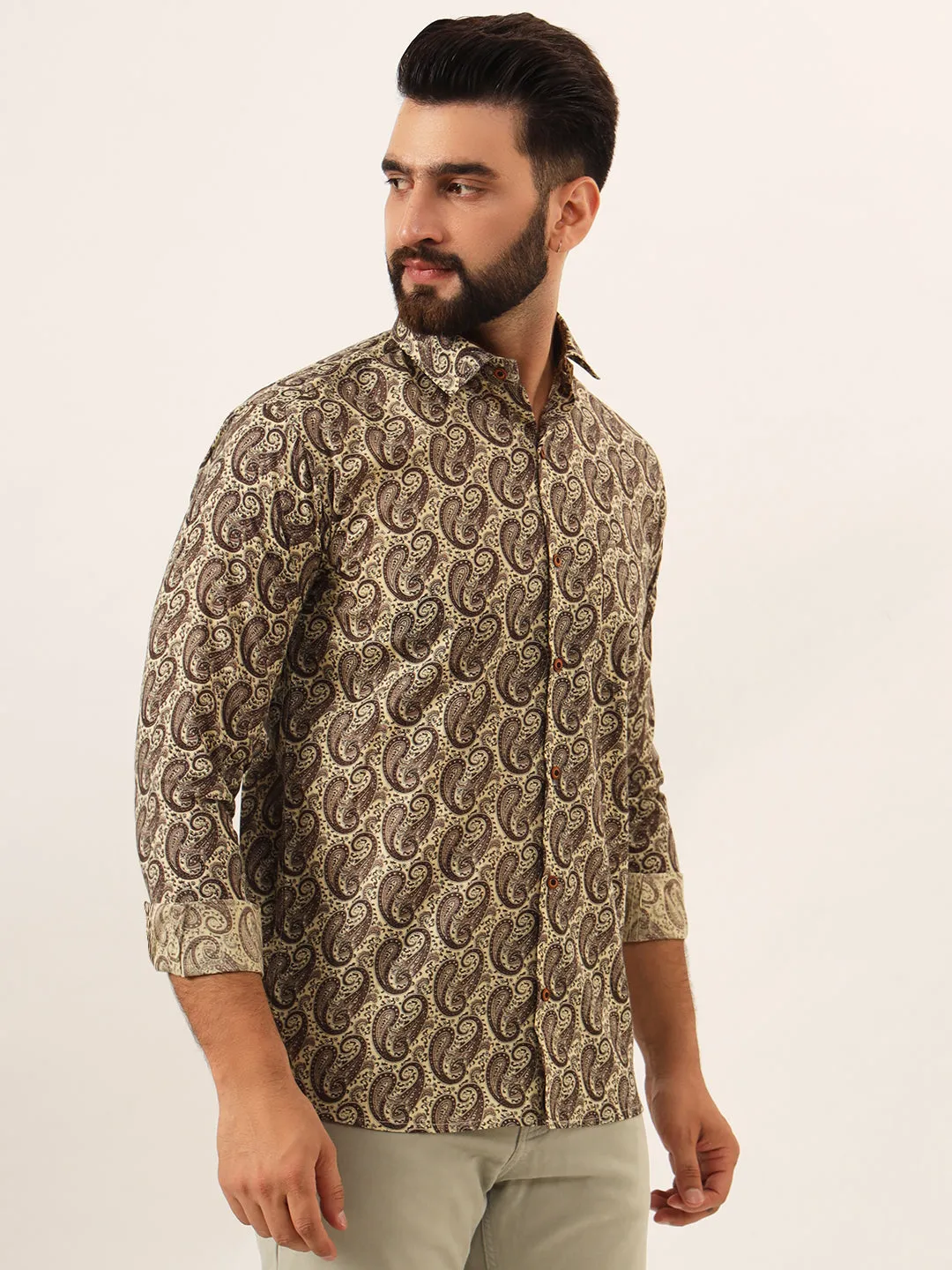 MILLENNIAL MEN Brown Paisley Print Pure Cotton Regular Fit Casual Full Sleeve