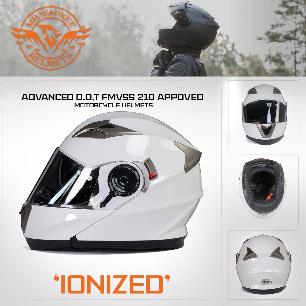 Milwaukee Helmets MPH9807DOT 'Ionized' Gloss White Modular Helmet for Men and Women Biker w/ MP7922FMSET Heated Balaclava Bundle