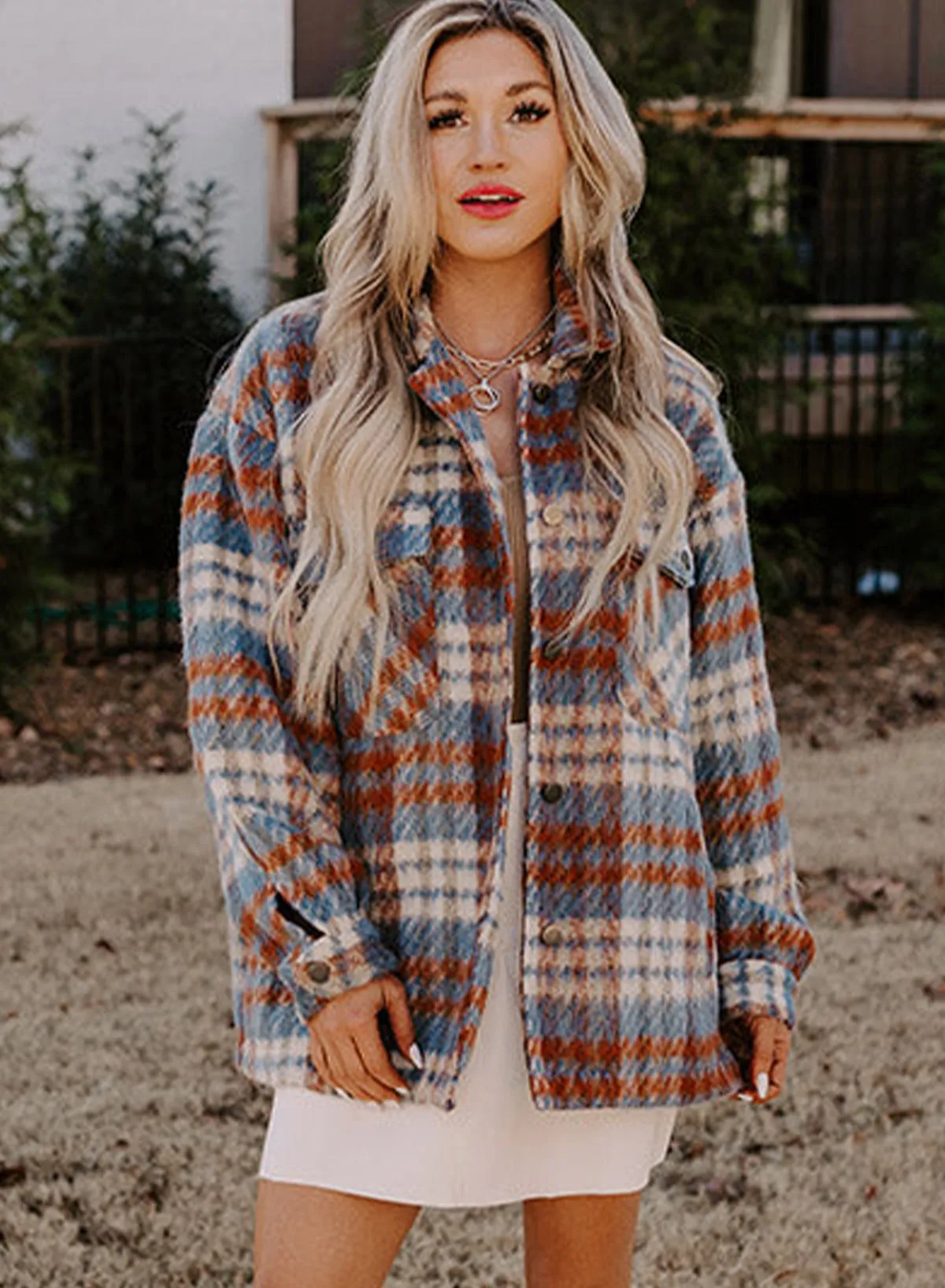 Mist Green Plaid Print Chest Pockets Turn Down Collar Shacket