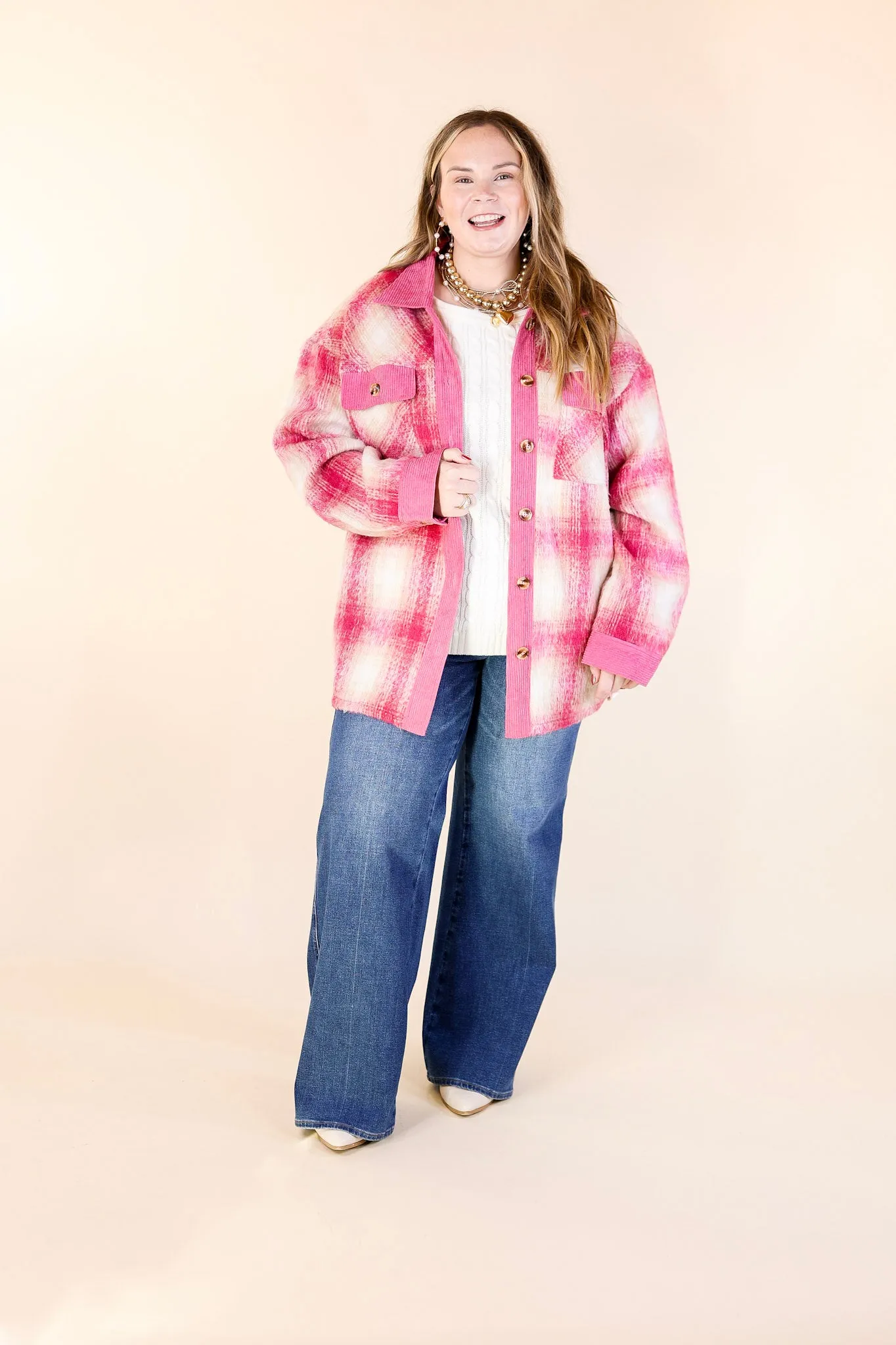 Mountain Retreat Plaid Fleece Jacket with Corduroy Trim in Pink