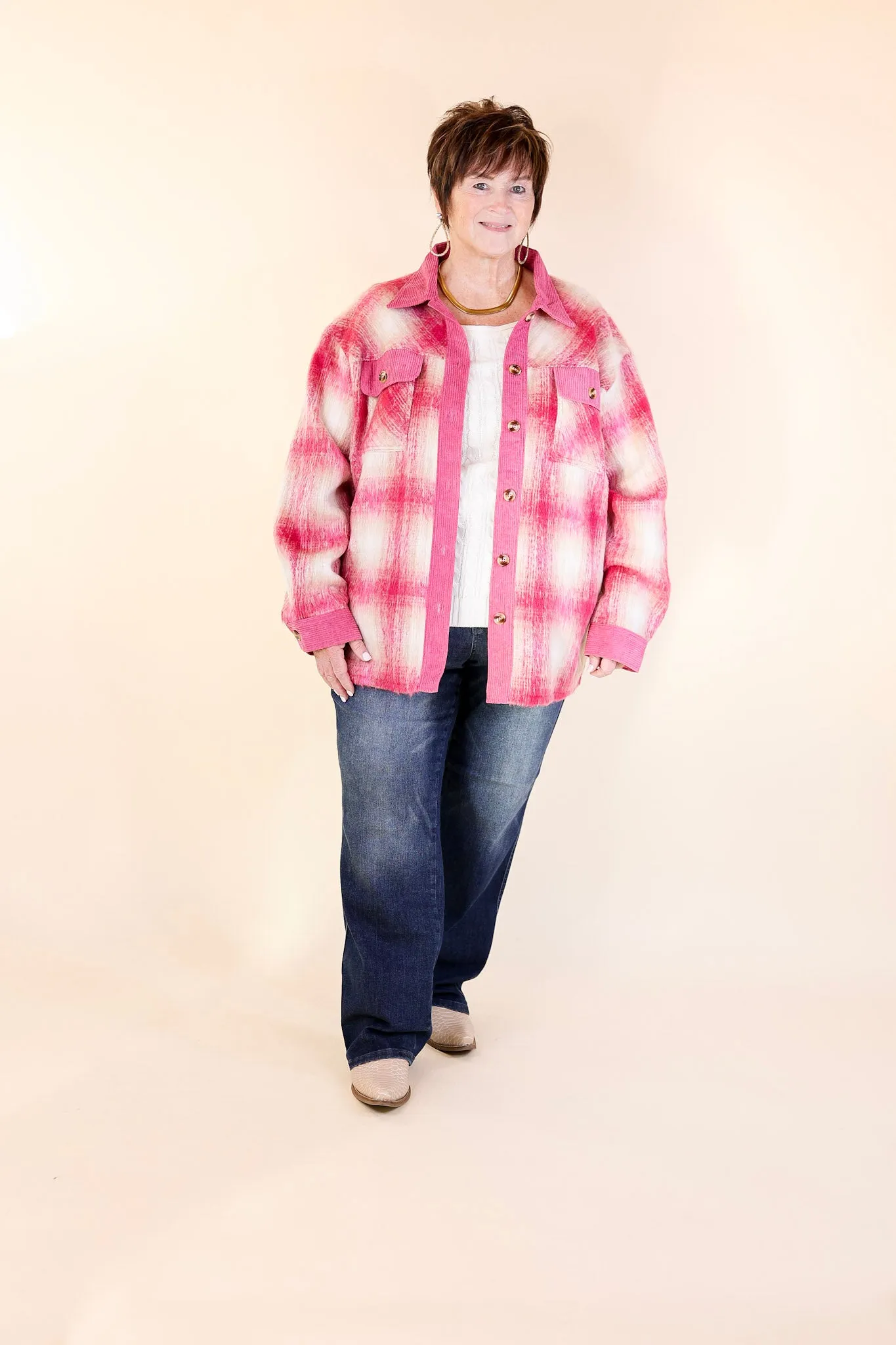 Mountain Retreat Plaid Fleece Jacket with Corduroy Trim in Pink