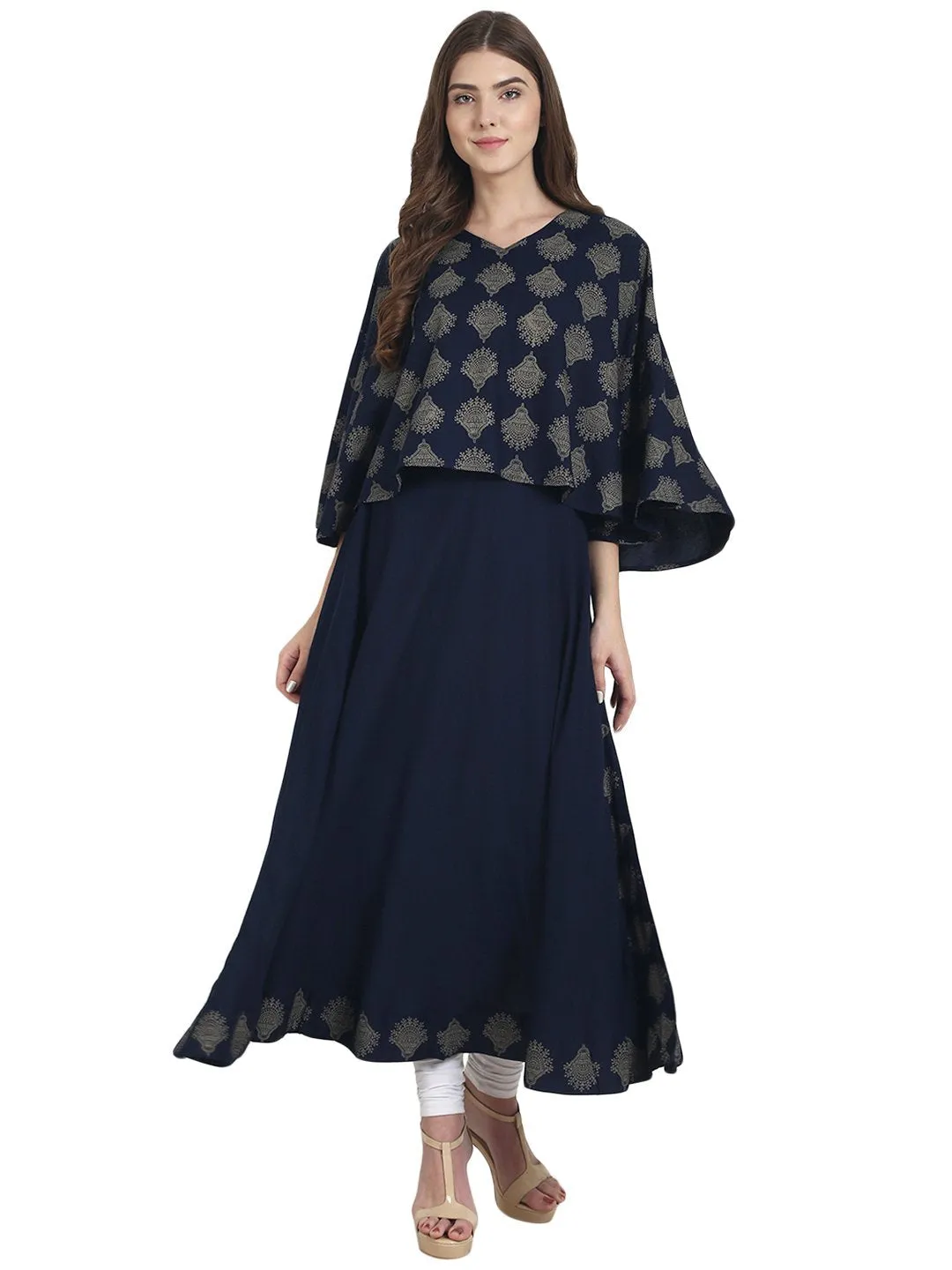 Navy Blue Flared Sleeve Rayon A-Line Kurta With Printed Jacket