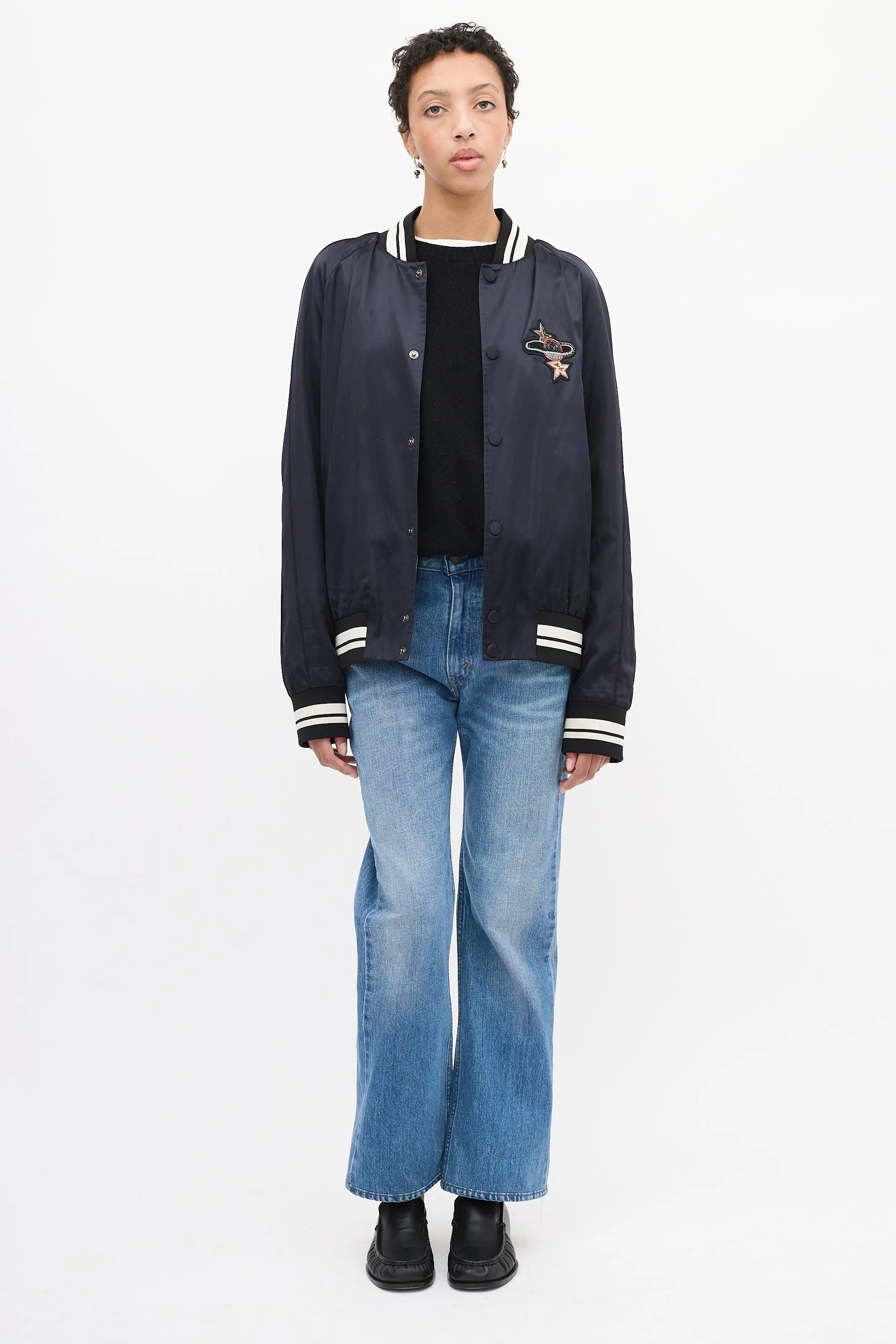 Navy Satin Embellished Bomber Jacket