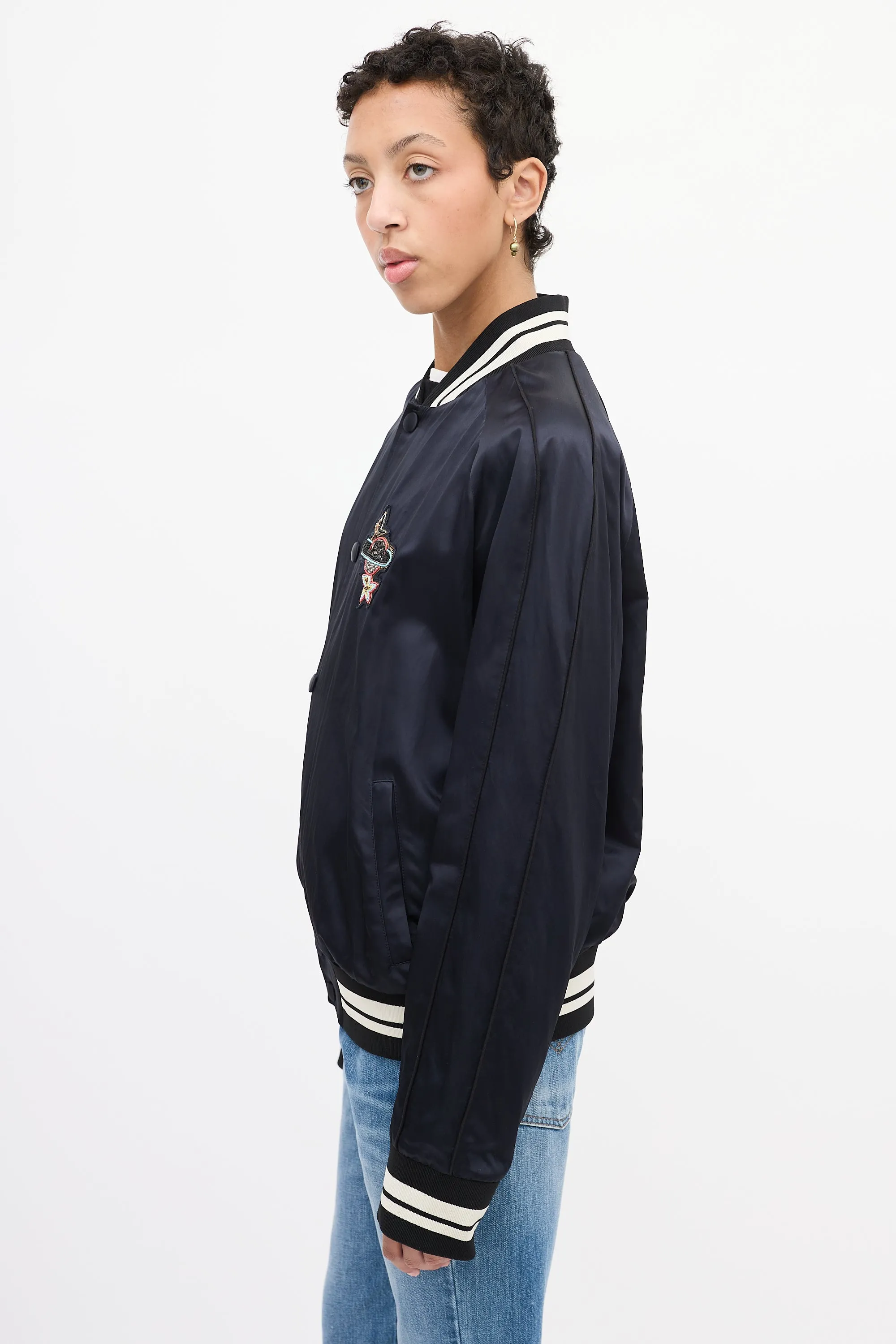 Navy Satin Embellished Bomber Jacket