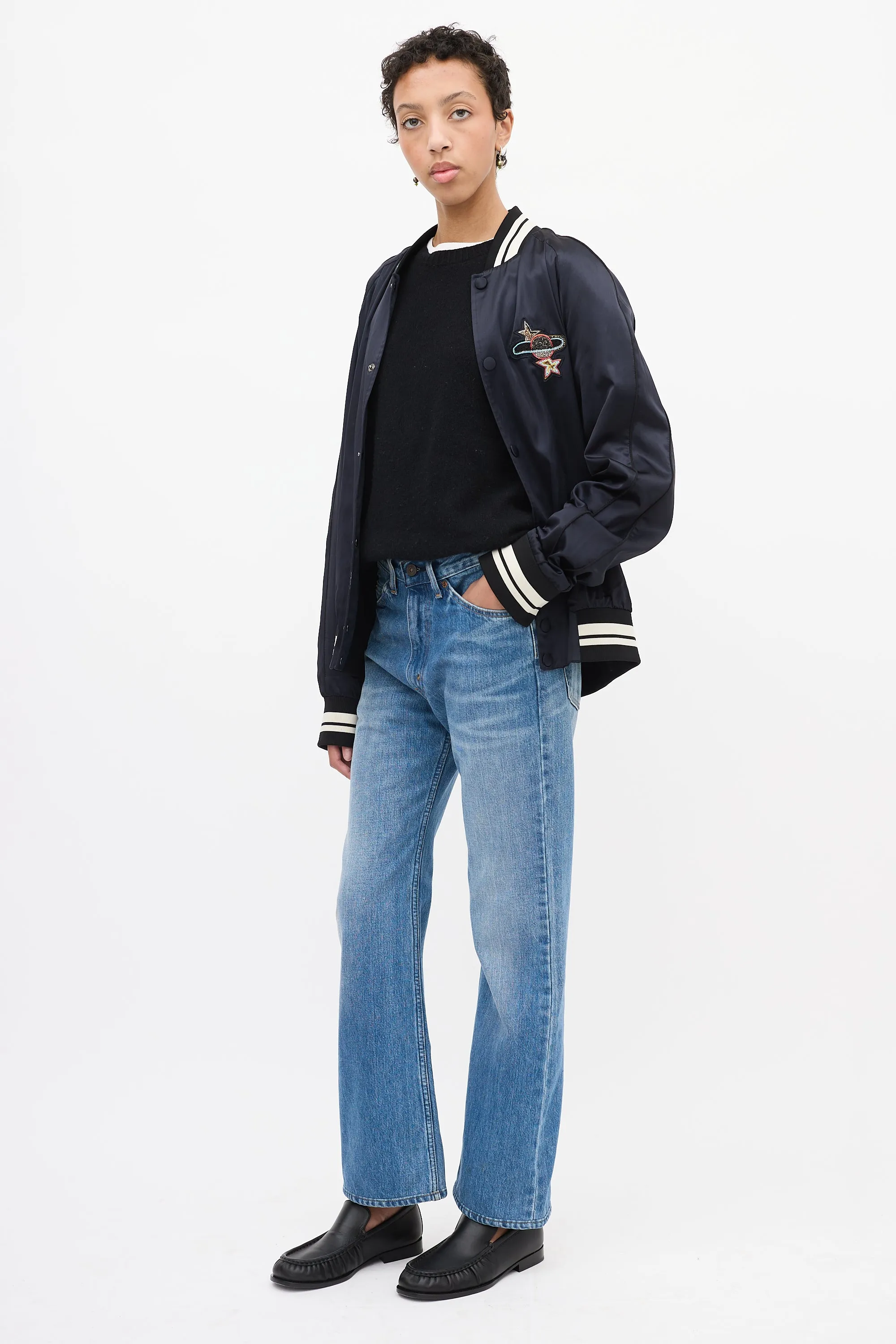 Navy Satin Embellished Bomber Jacket