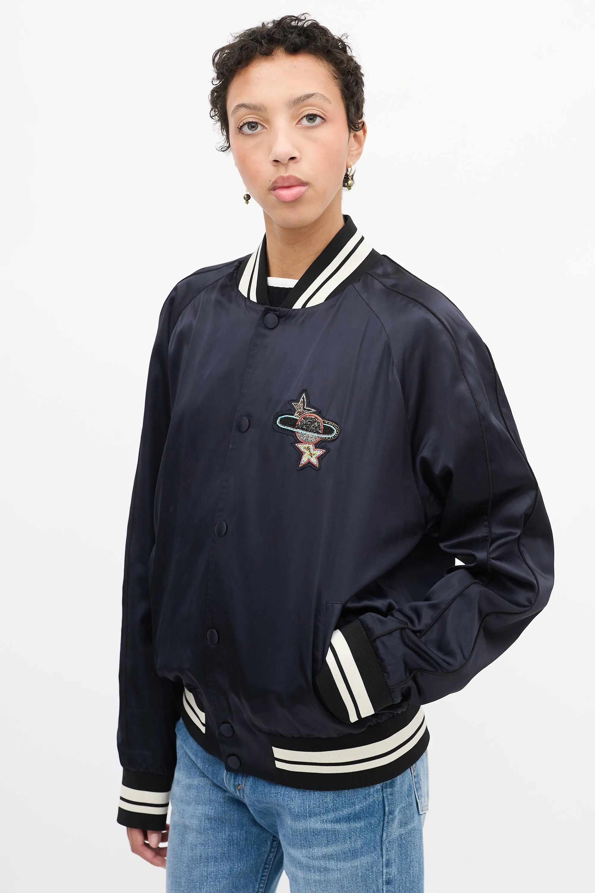 Navy Satin Embellished Bomber Jacket