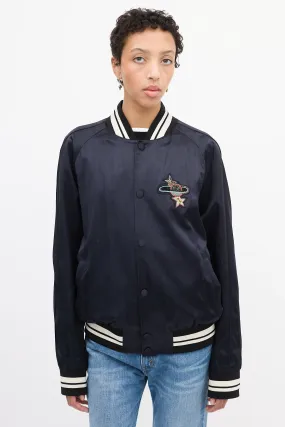 Navy Satin Embellished Bomber Jacket