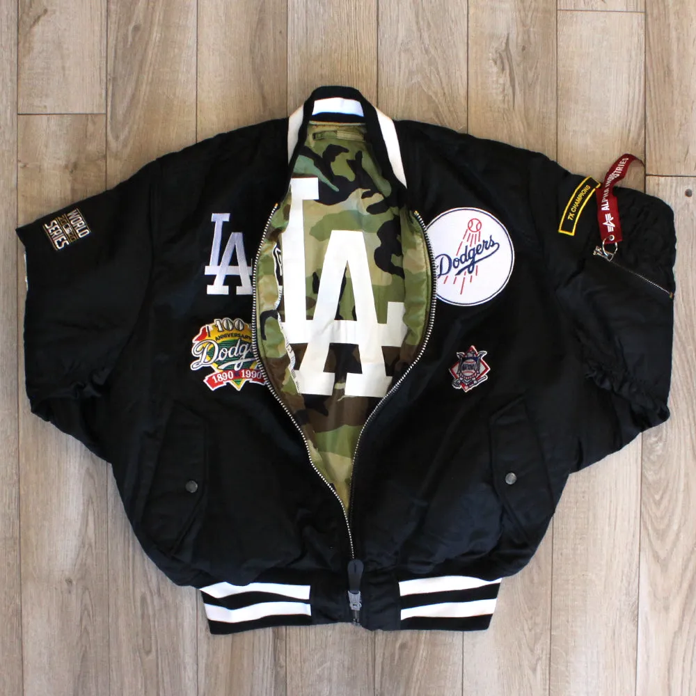 New Era Cap X Alpha Industries Collab MA-1M LOS ANGELES DODGERS Nylon Bomber Jacket (Black Camo)