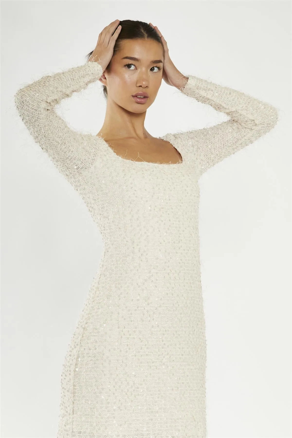 Nude Textured-Sequin Square-Neck Midaxi-Dress