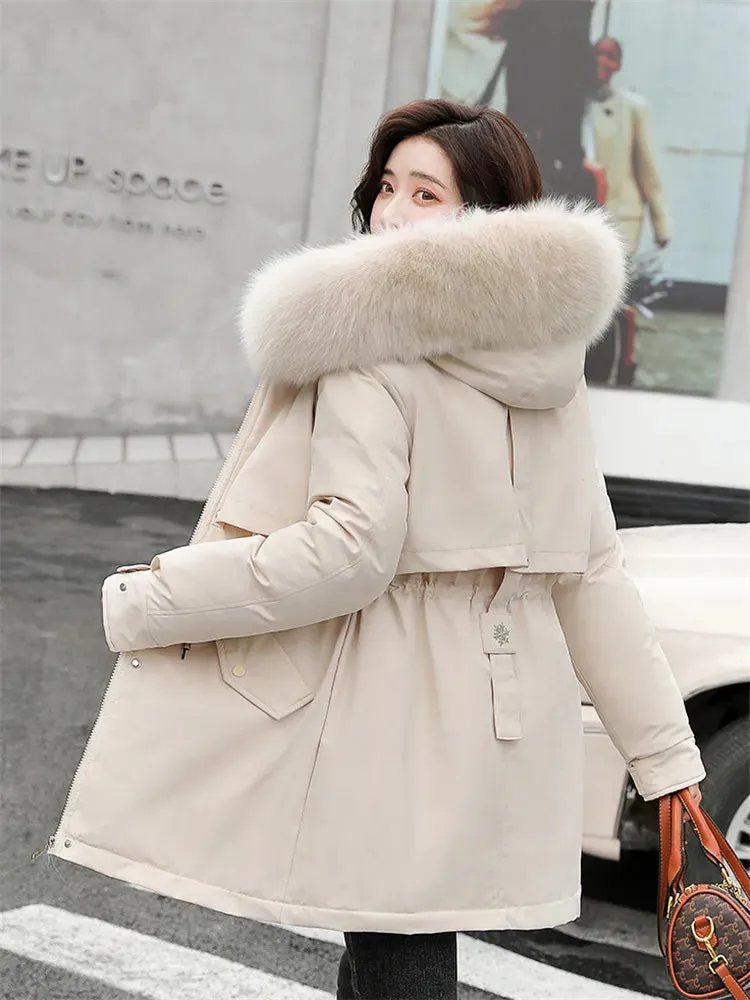 Nukty Winter Coat Low Price On Sale Women Beige Add Wool Thick Warmth Fur Hooded Parkas Jacket New Fashion Belt Slim Cotton Coat