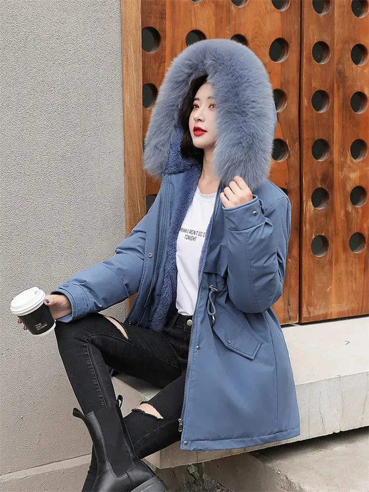 Nukty Winter Coat Low Price On Sale Women Beige Add Wool Thick Warmth Fur Hooded Parkas Jacket New Fashion Belt Slim Cotton Coat