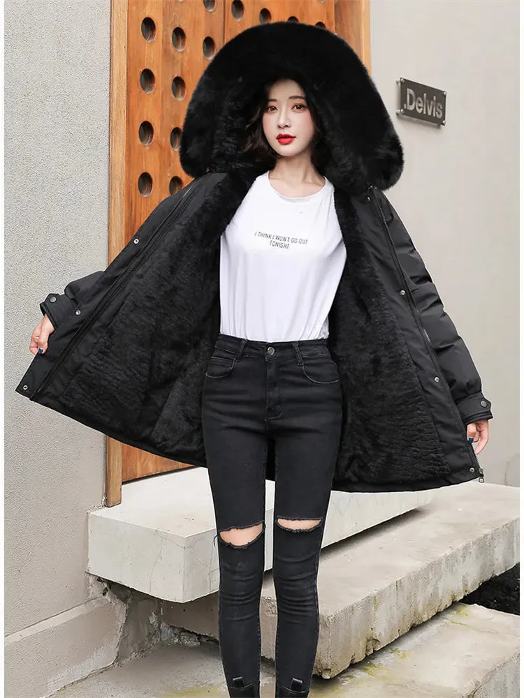 Nukty Winter Coat Low Price On Sale Women Beige Add Wool Thick Warmth Fur Hooded Parkas Jacket New Fashion Belt Slim Cotton Coat