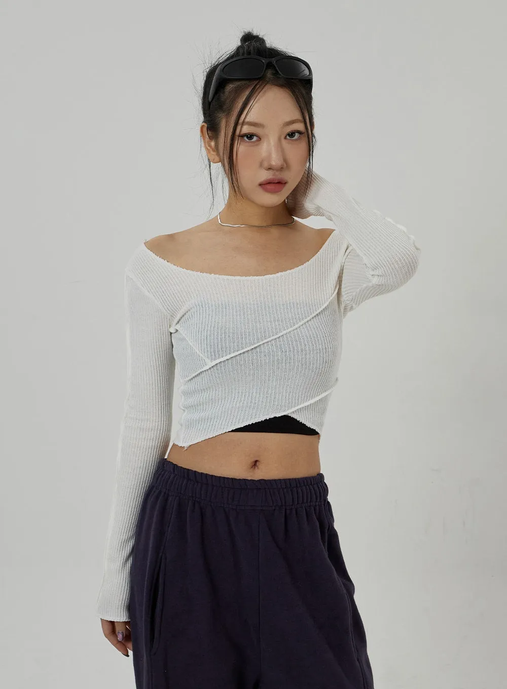 Off-Shoulder Mesh Cropped Top CD20