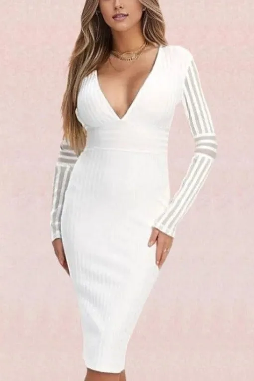 Olivia Long Sleeve Bandage Midi Dress - Pearl White