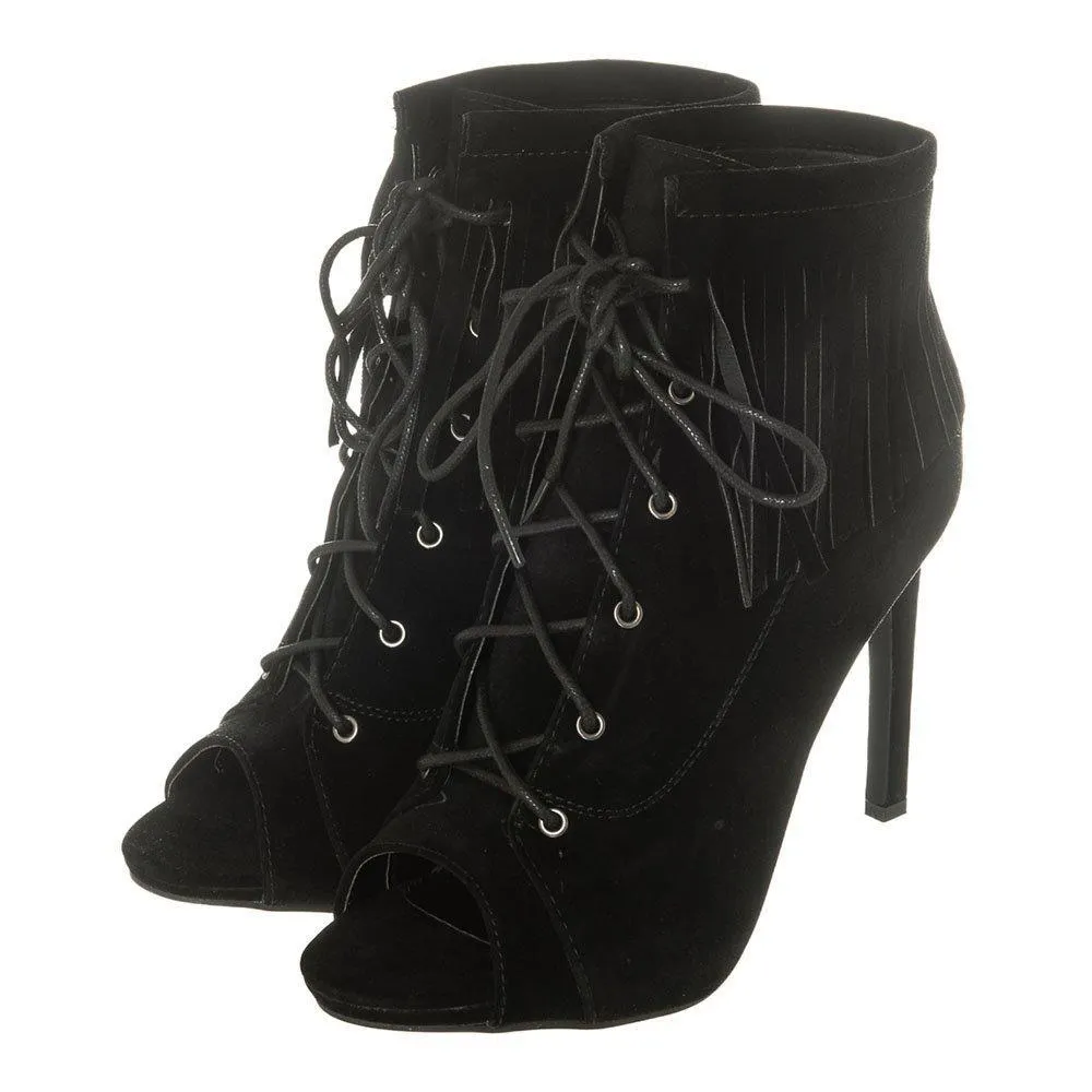 Open Toe Lace Up Ankle boot With Fringe Detailing