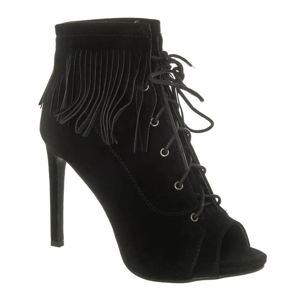 Open Toe Lace Up Ankle boot With Fringe Detailing