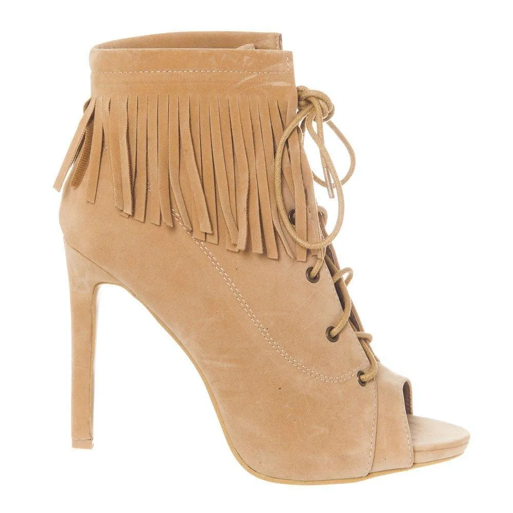 Open Toe Lace Up Ankle boot With Fringe Detailing