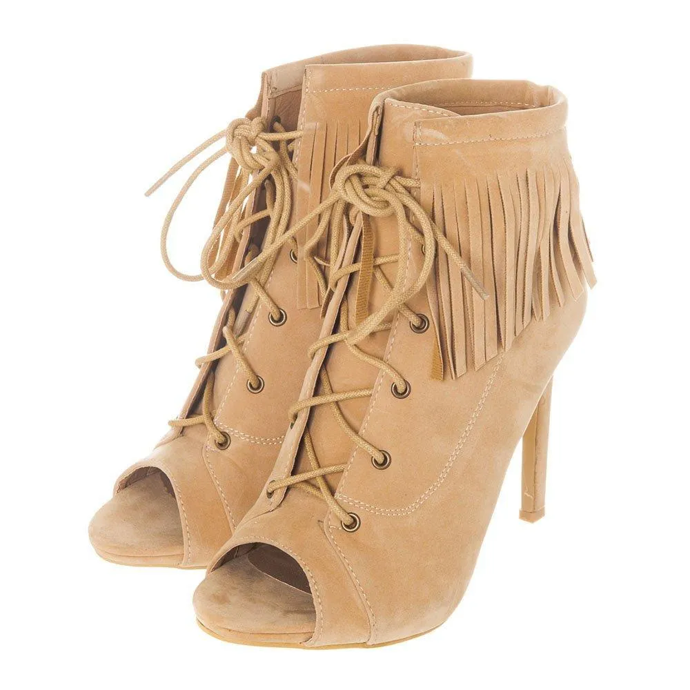 Open Toe Lace Up Ankle boot With Fringe Detailing