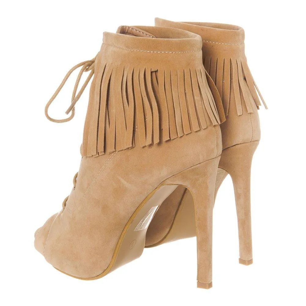 Open Toe Lace Up Ankle boot With Fringe Detailing