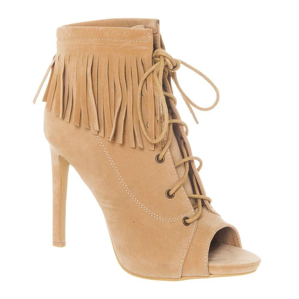 Open Toe Lace Up Ankle boot With Fringe Detailing