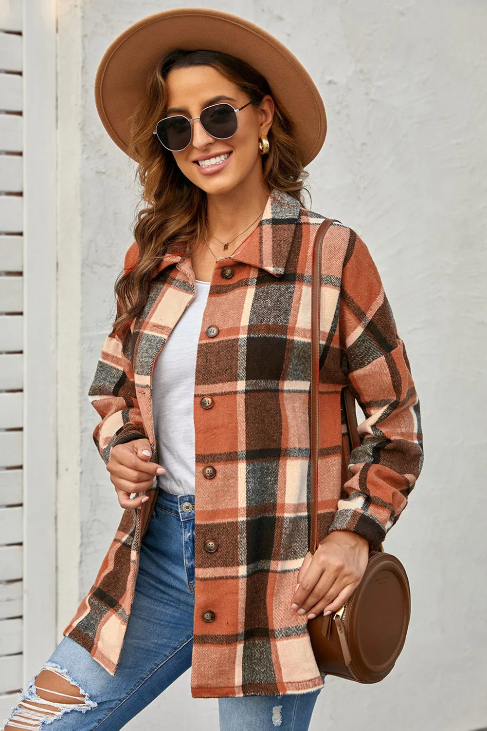 Orange Plaid Button Up Long Sleeve Flannel Shacket