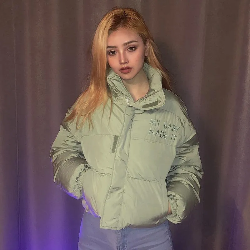 Pastel Green Puffed Embroidery Letters Cropped Jacket