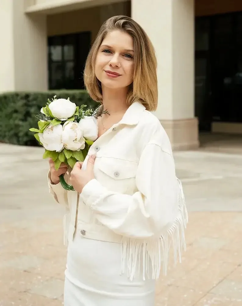 Personalized Pearl Embellished Bride To Be White Fringe Denim Wedding Jacket