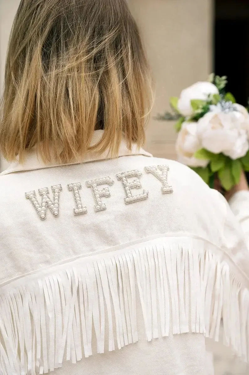 Personalized Pearl Embellished Bride To Be White Fringe Denim Wedding Jacket