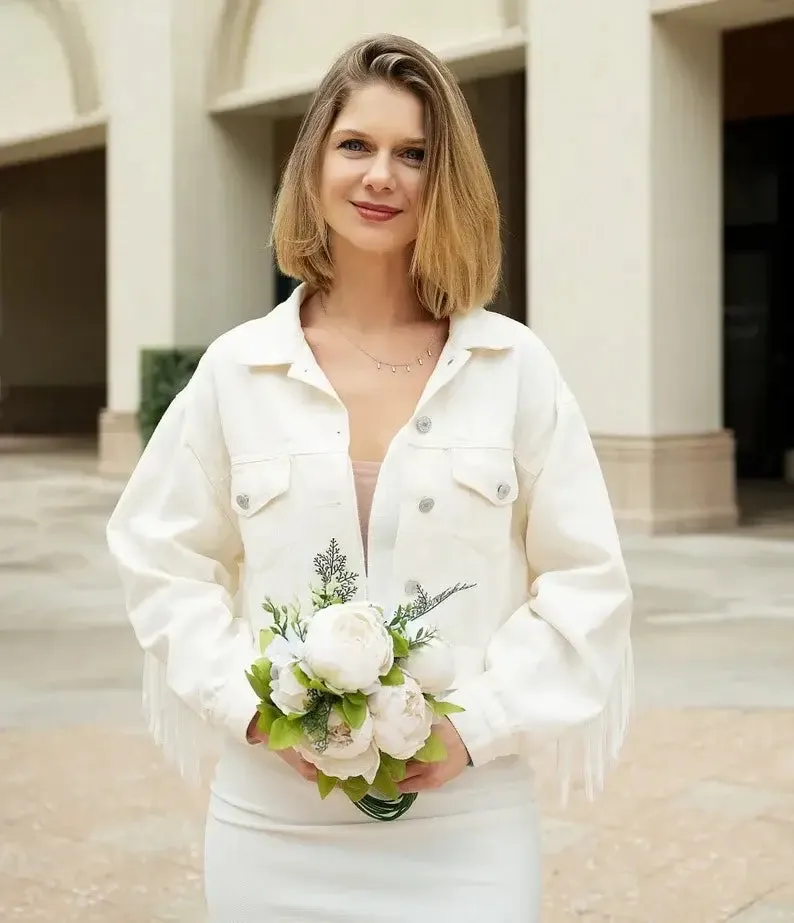 Personalized Pearl Embellished Bride To Be White Fringe Denim Wedding Jacket