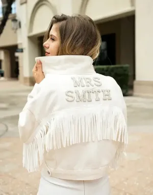 Personalized Pearl Embellished Bride To Be White Fringe Denim Wedding Jacket