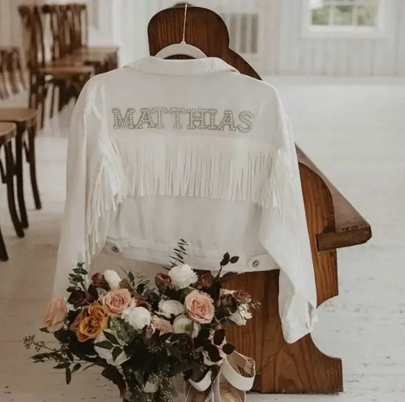 Personalized Pearl Embellished Bride To Be White Fringe Denim Wedding Jacket