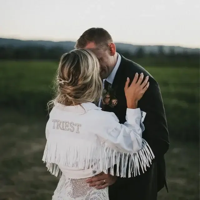 Personalized Pearl Embellished Bride To Be White Fringe Denim Wedding Jacket