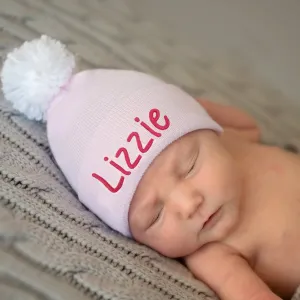 Personalized Solid Pink Newborn Girl Hospital Beanie Hat with White Pom Infant Hat Newborn Hat