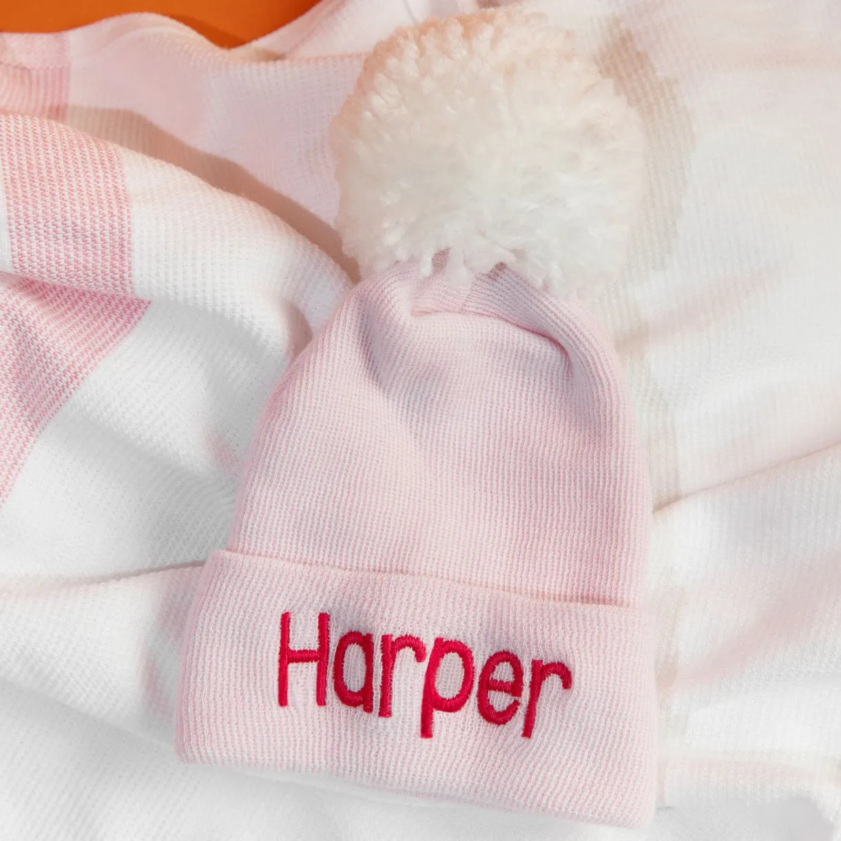 Personalized Solid Pink Newborn Girl Hospital Beanie Hat with White Pom Infant Hat Newborn Hat