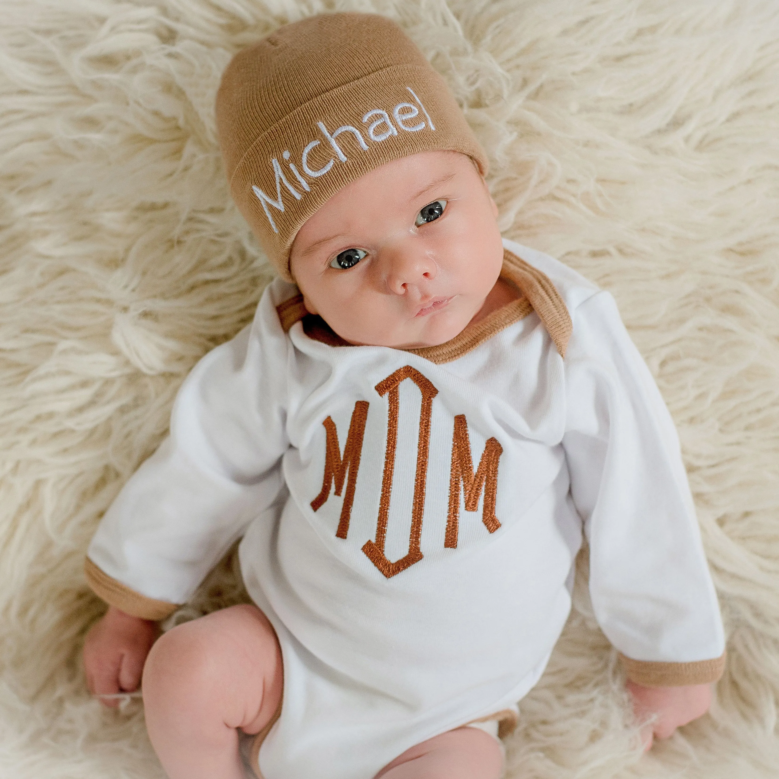 Personalized Tan Hospital Hat with Monogrammed Matching Onesie, Newborn Take Home Outfit