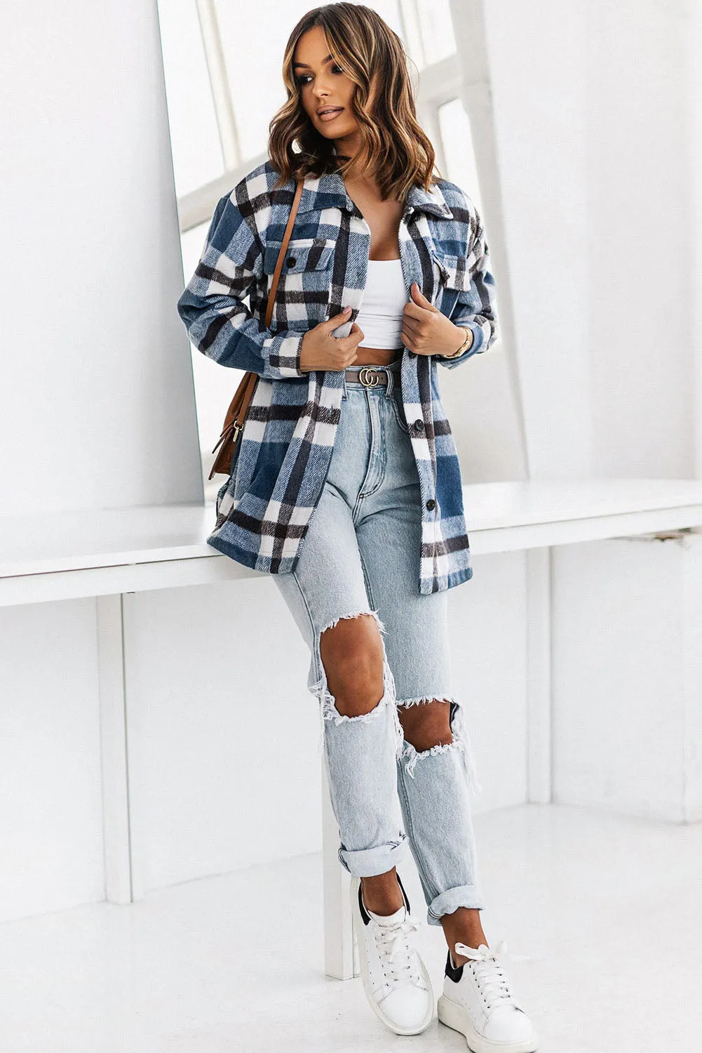 Plaid Dropped Shoulder Pocket Shacket