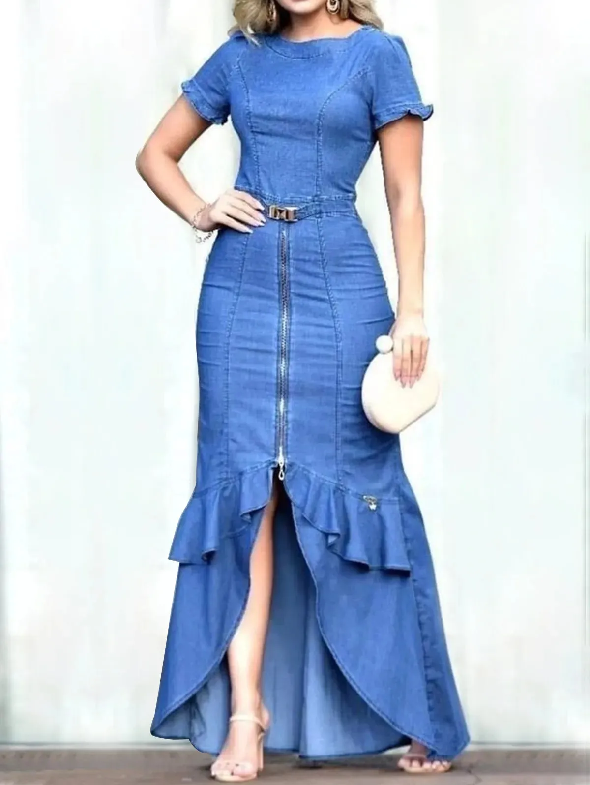 Plain Boat Neck Short Sleeve Blue Tulip Hem Maxi Bodycon Denim Casual Long Streetwear