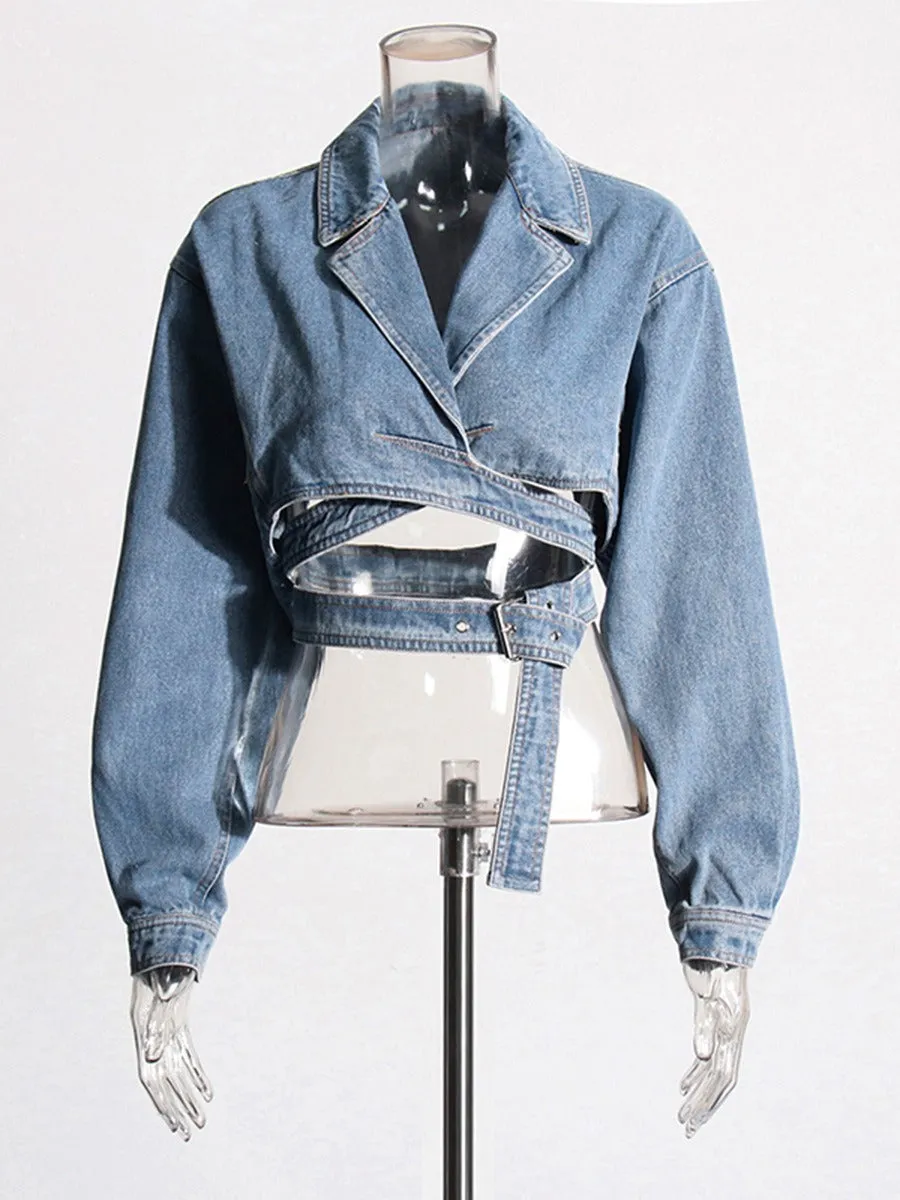 Pre Order:  Cross Layered Hollow Waist Denim Jacket