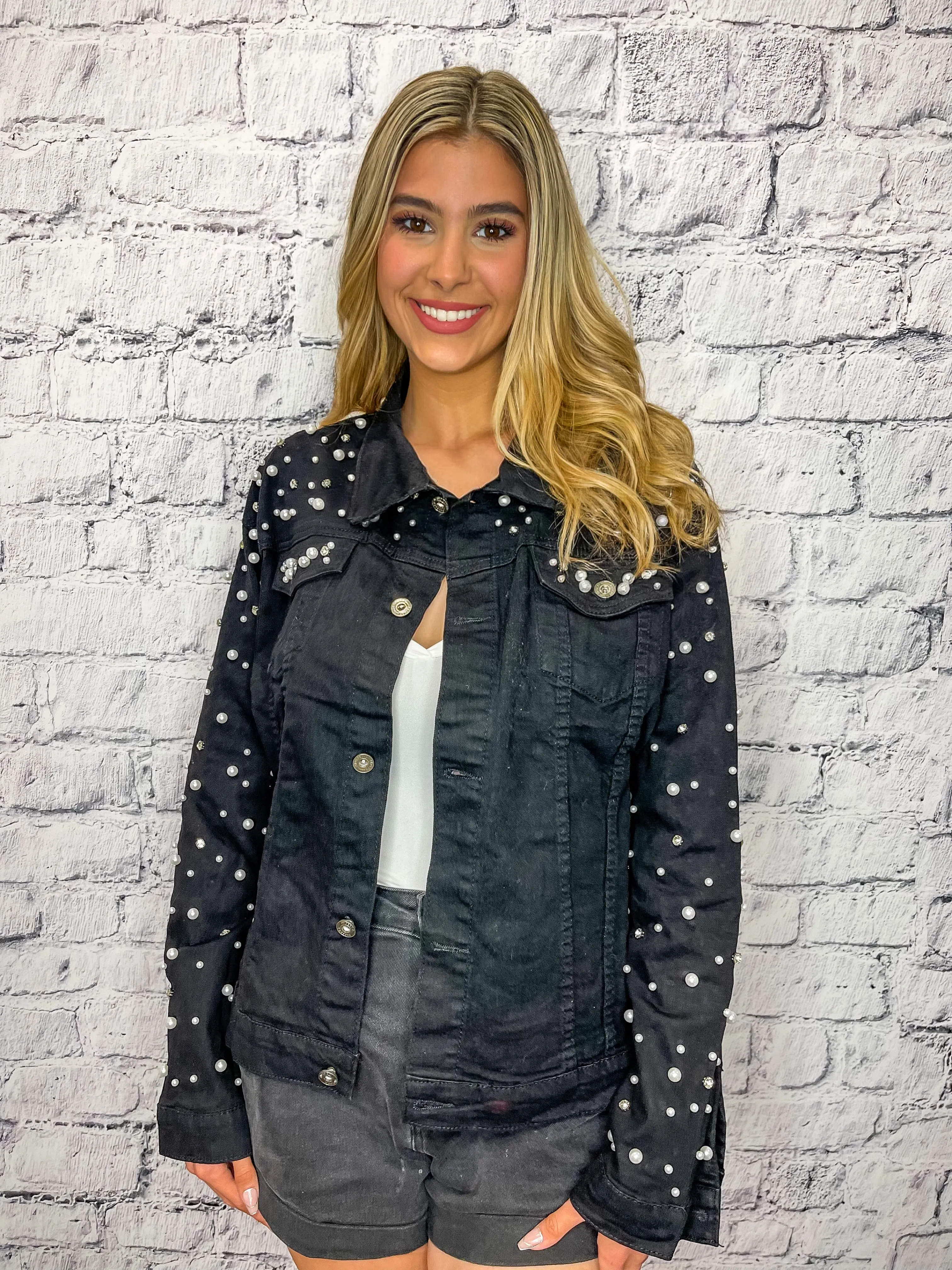 Pretty As A Pearl Rhinestone Pearl Denim Jacket - Black