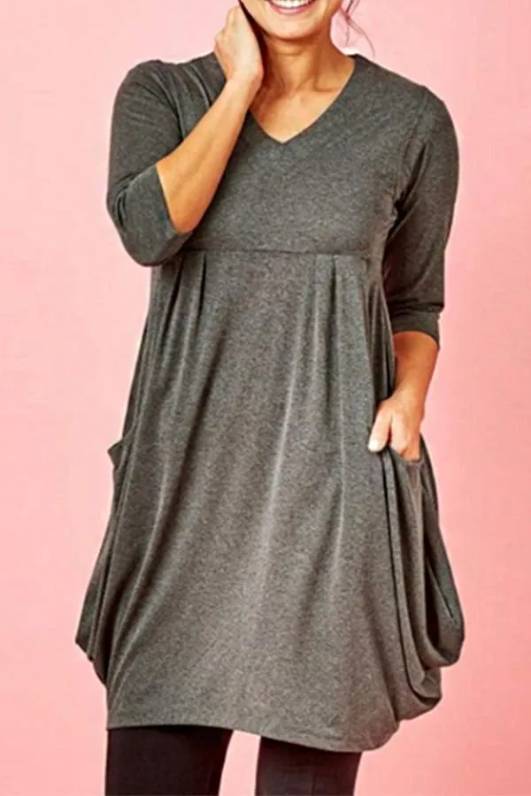 Pure Colour Long Sleeve Pocket Dress