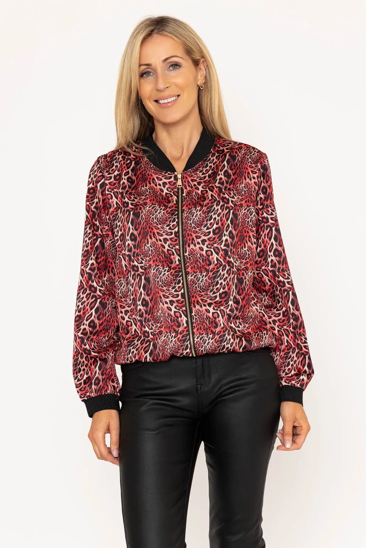 Red Leopard Print Bomber Jacket