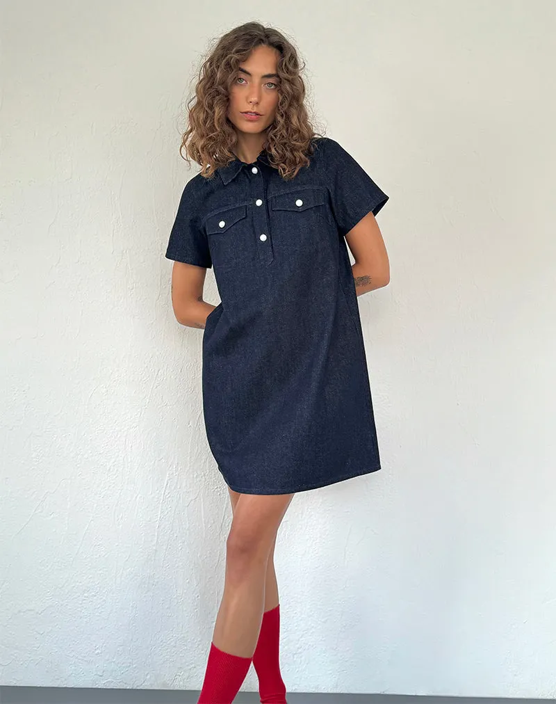 Reiga Smock Mini Dress in Denim Indigo