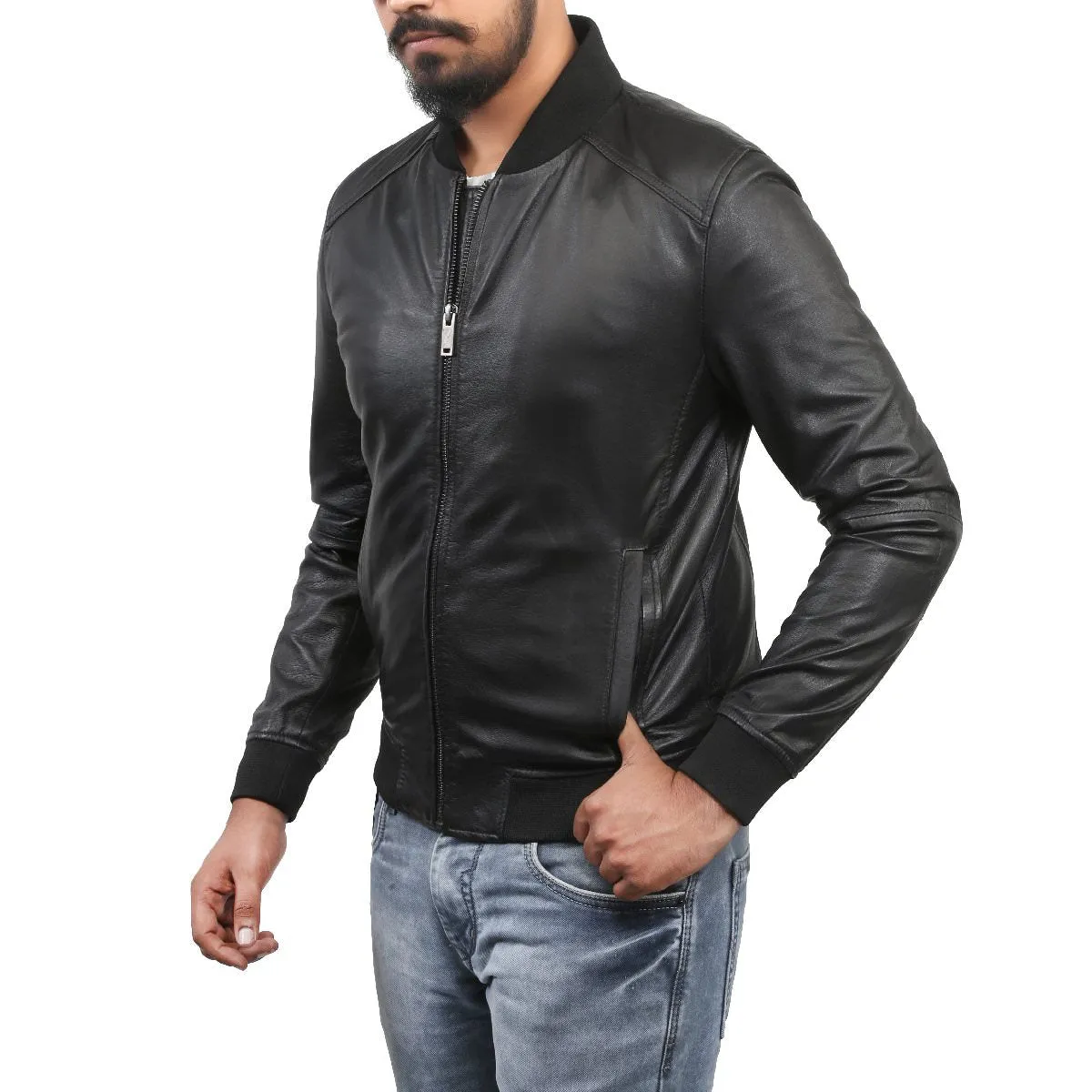 Ribbed Style Leather Bomber Jacket For Men