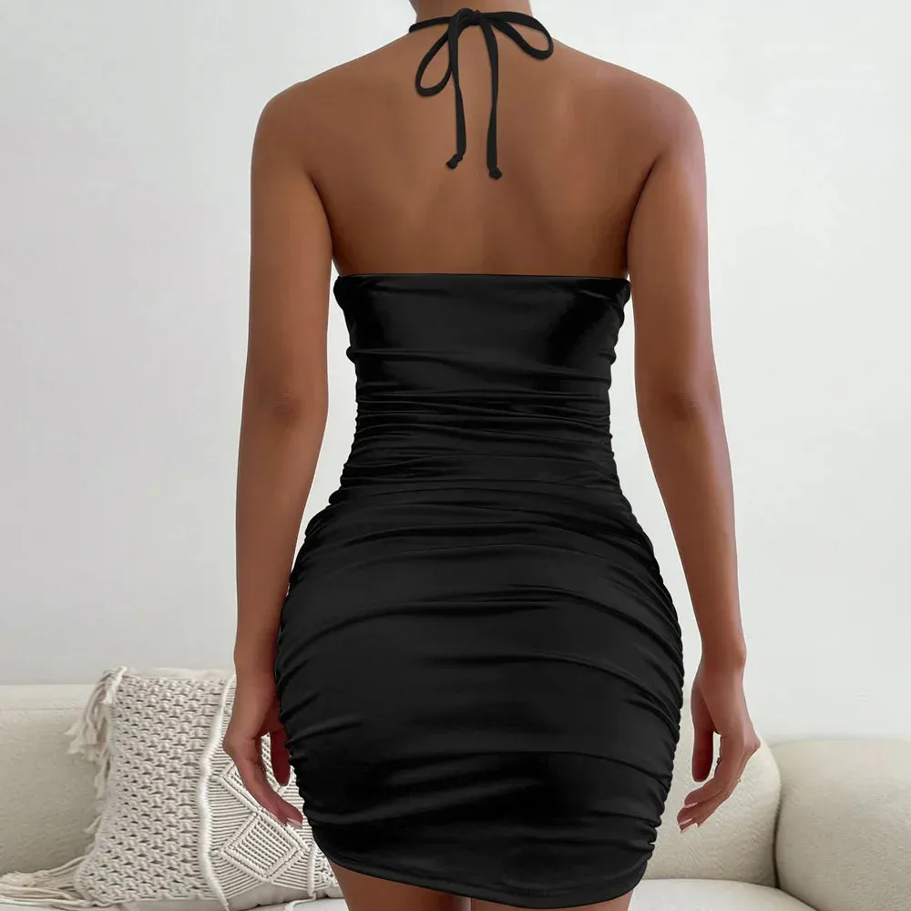 Ruffle Lady Party Black Short Evening Halter Bodycon Tight Club Sexy Summer 2024 Dress Dress